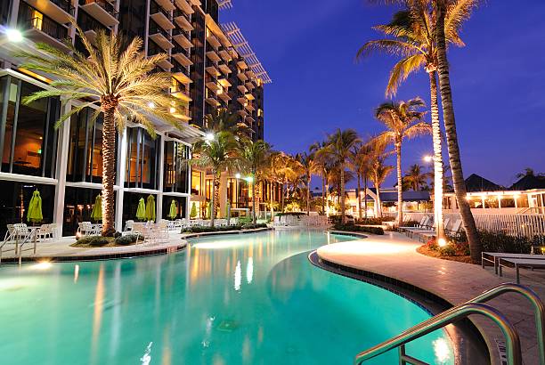 a resort swimming pool at twilight